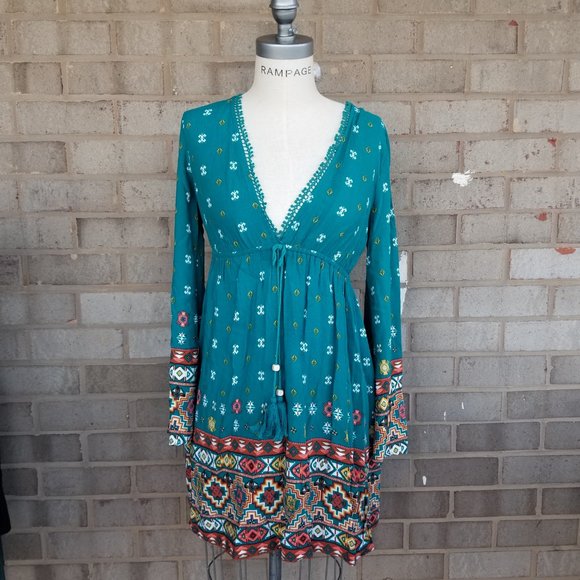 Bohemian colorful short print dress- Size Xsmall gypsy boho blue - Picture 1 of 15